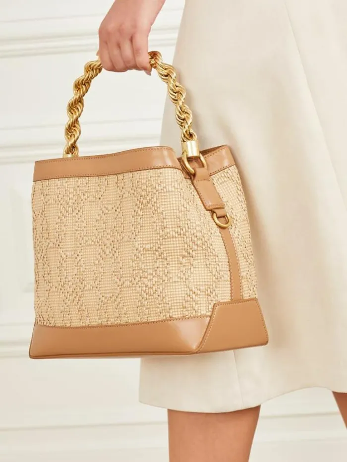 Accessories Women Marciano Aida Straw Woven Bucket Bag White Accessories Women Marciano Aida Straw Woven Bucket Bag White