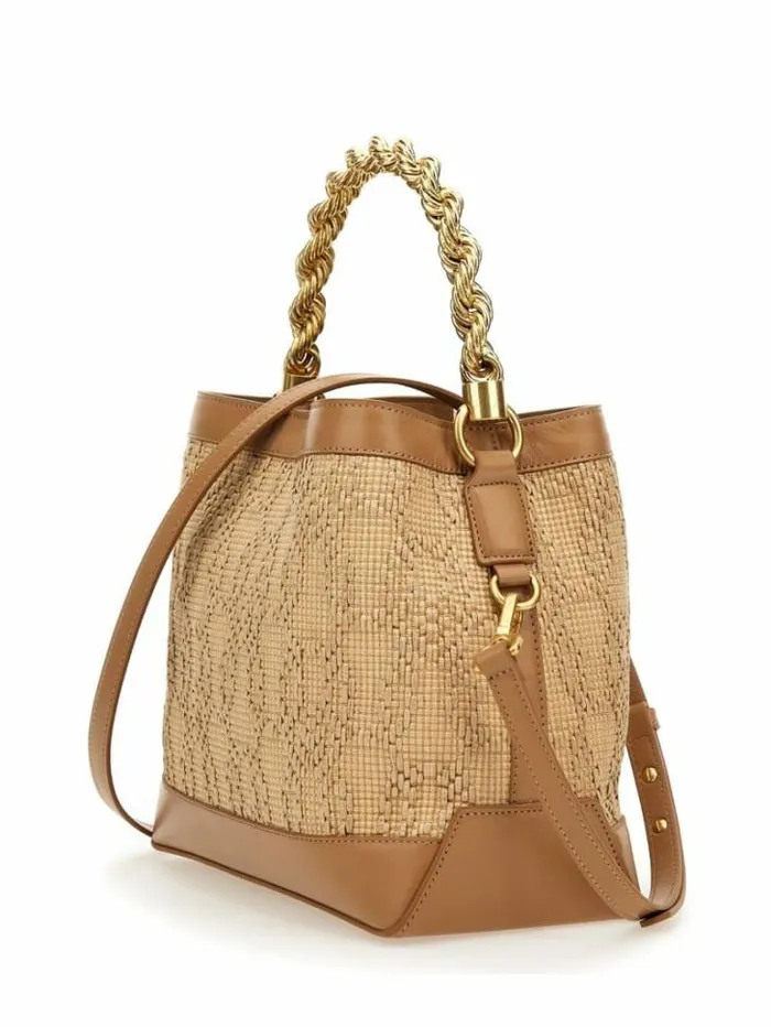 Accessories Women Marciano Aida Straw Woven Bucket Bag White Accessories Women Marciano Aida Straw Woven Bucket Bag White
