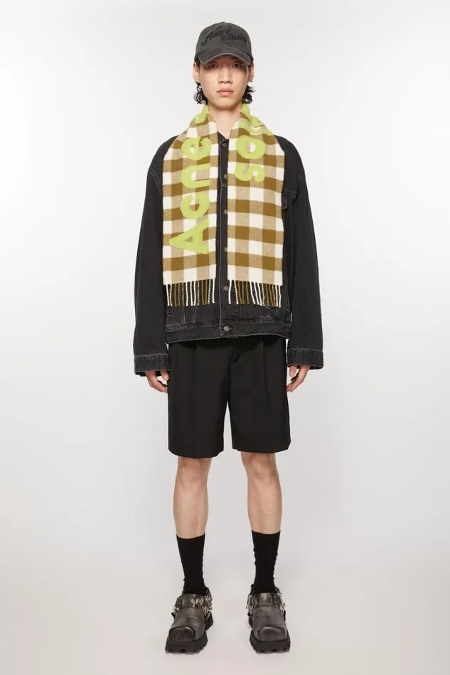 Acne Studios Check Logo Scarf 8211 Narrow Khakigreen Woman Scarves