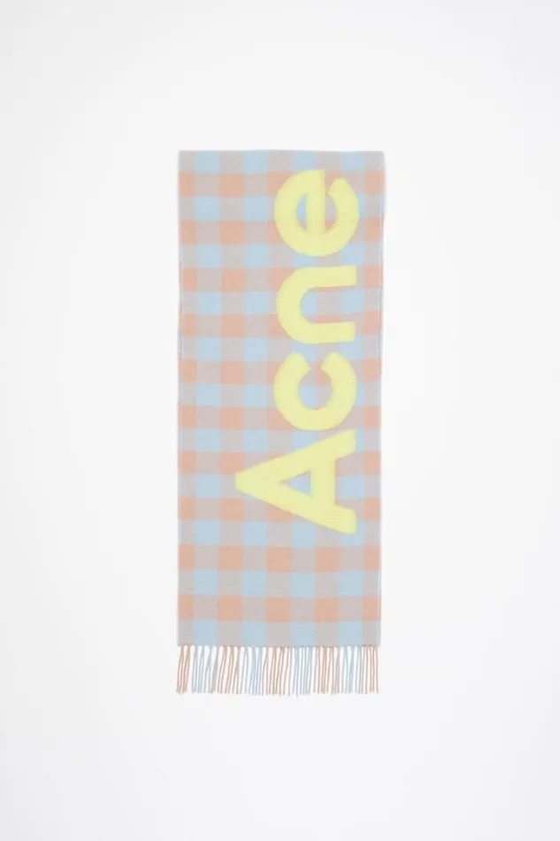 Acne Studios Check Logo Scarf Camel Beigeacid Green Woman Scarves