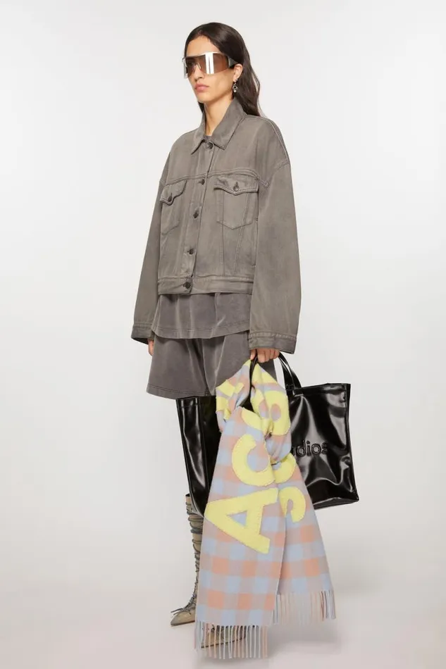 Acne Studios Check Logo Scarf Camel Beigeacid Green Woman Scarves