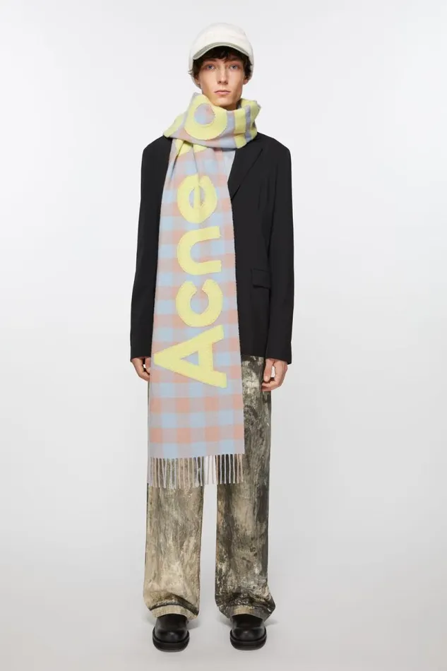 Acne Studios Check Logo Scarf Camel Beigeacid Green Woman Scarves