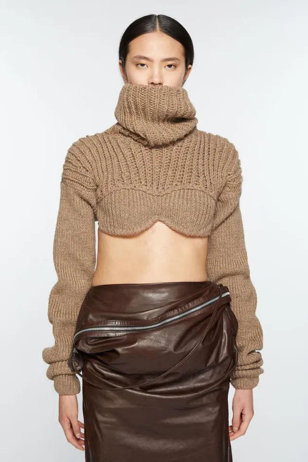 Acne Studios Cropped High Neck Knit Camel Beige Woman Knitwear