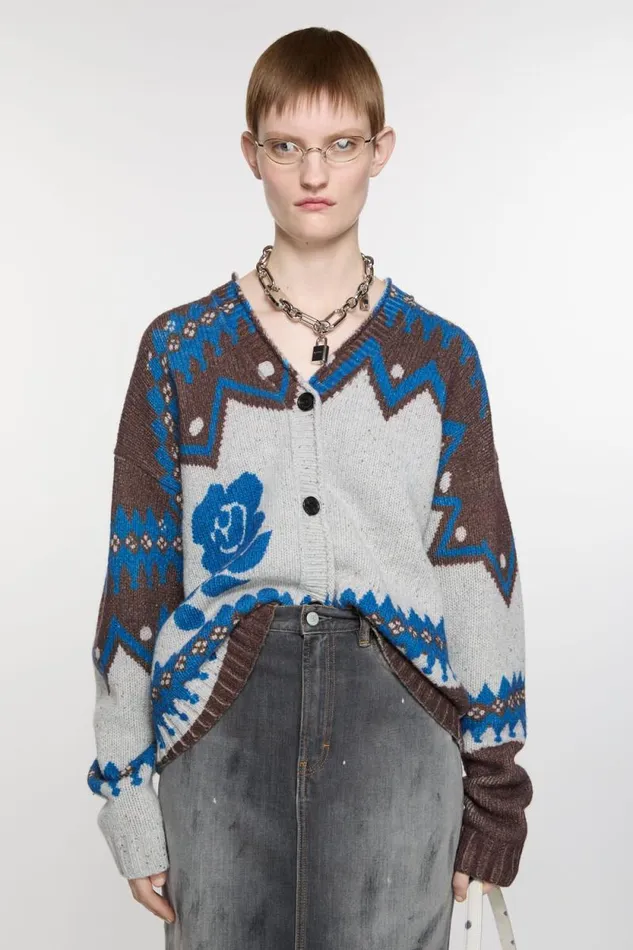 Acne Studios Jacquard Wool Cardigan Brownmulti Woman Knitwear