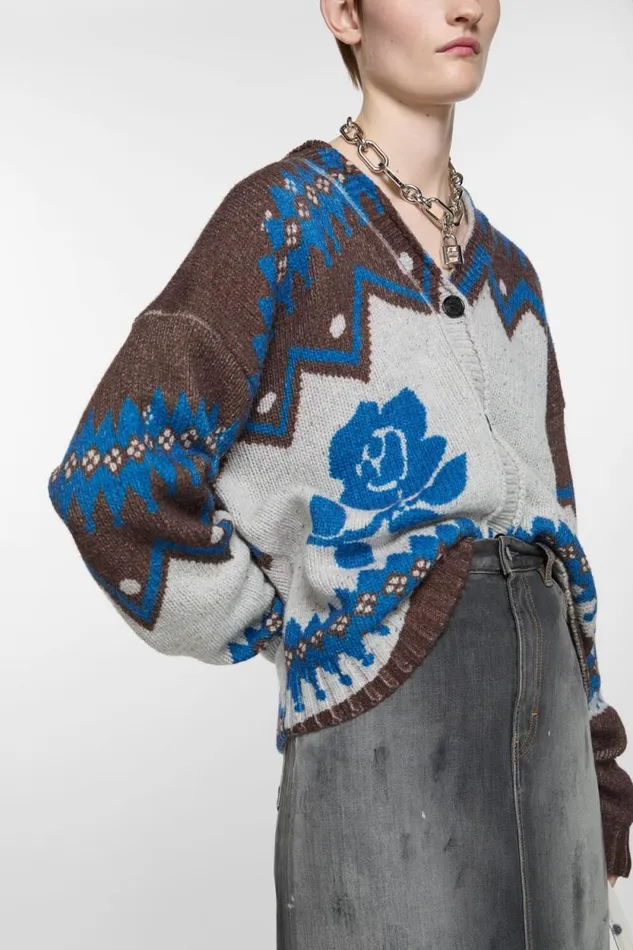 Acne Studios Jacquard Wool Cardigan Brownmulti Woman Knitwear