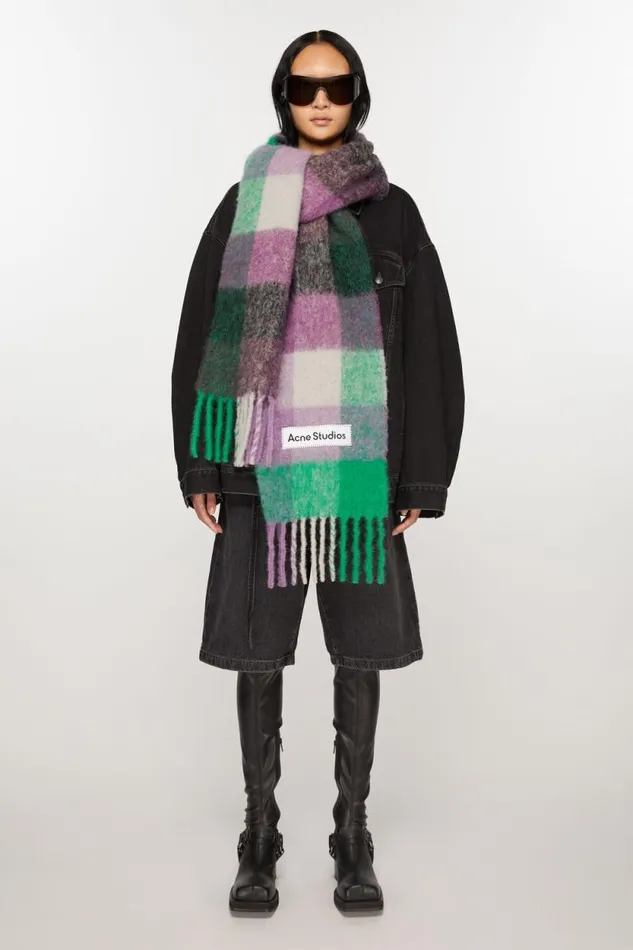 Acne Studios Mohair Checked Scarf Bright Greenpurplegrey Woman Scarves