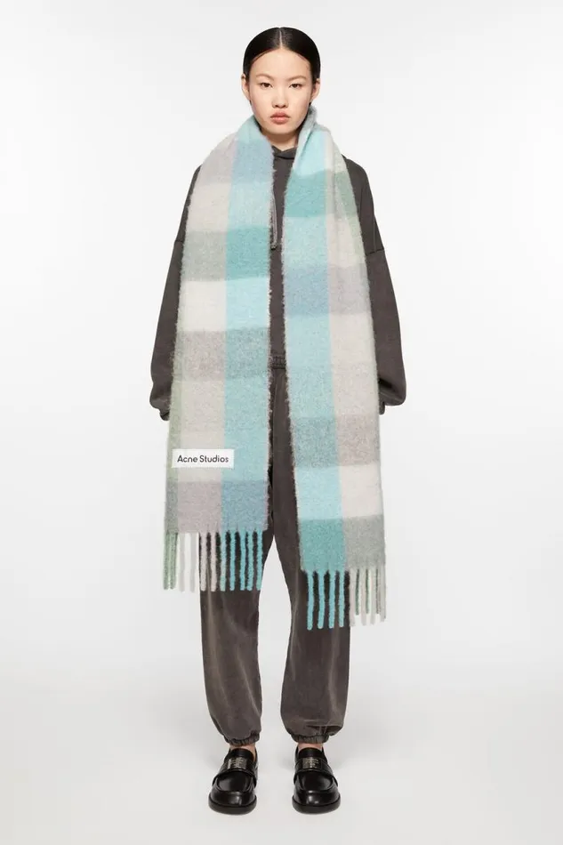 Acne Studios Mohair Checked Scarf Turquoisegreymint Green Woman Scarves