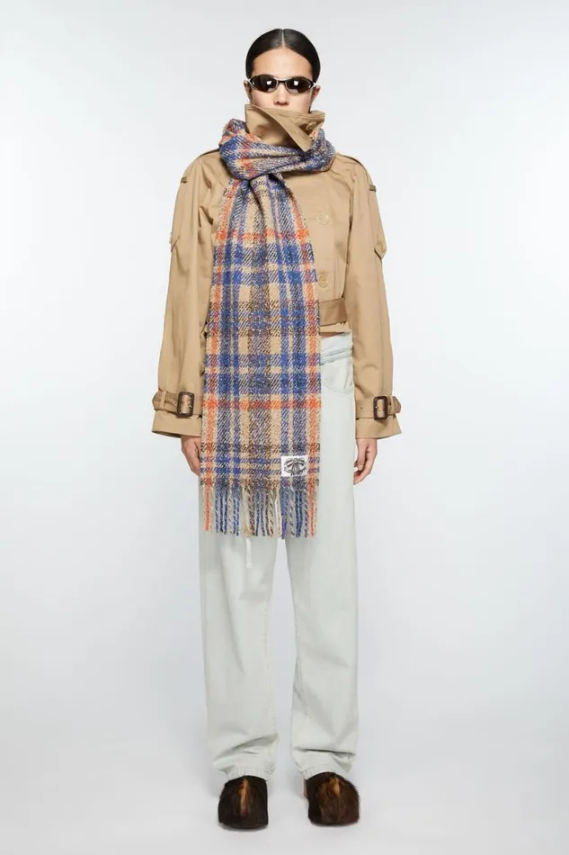 Acne Studios Plaid Fringe Scarf Beigeblue Woman Scarves