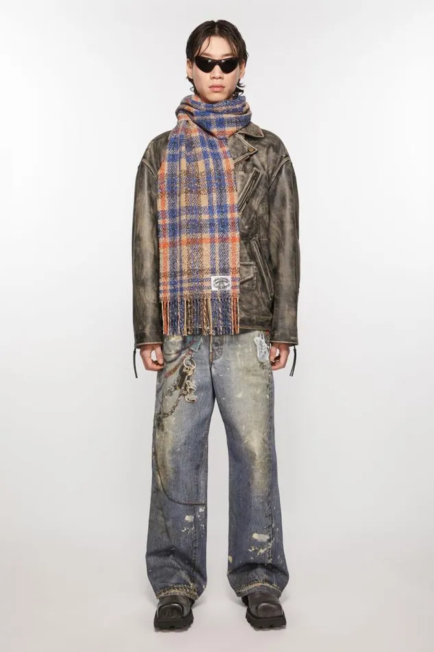 Acne Studios Plaid Fringe Scarf Beigeblue Woman Scarves