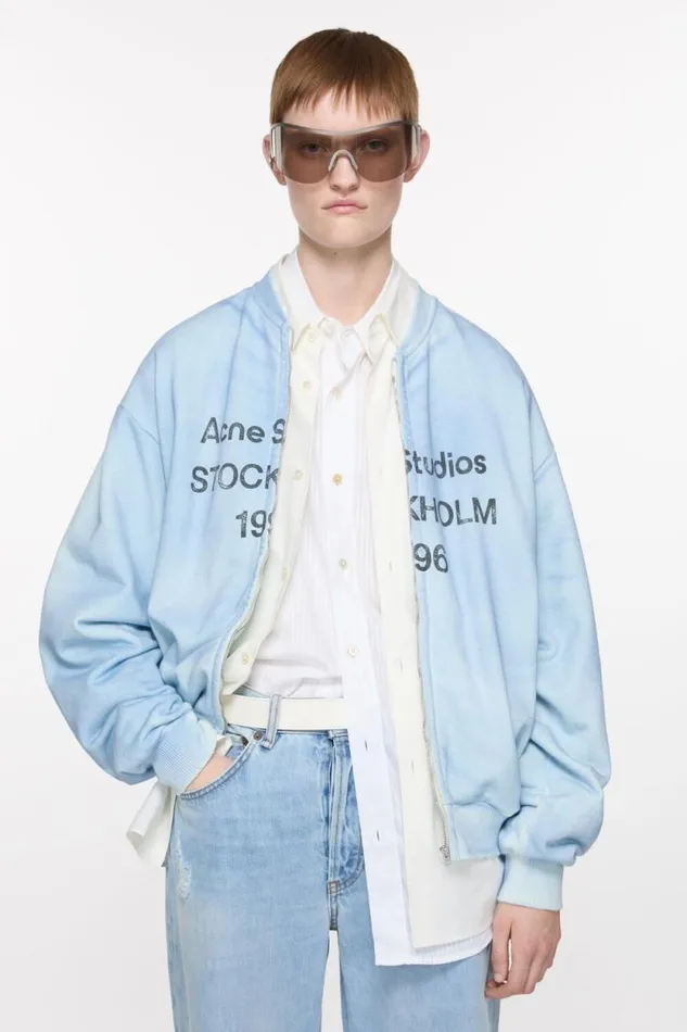 Acne Studios Zip Sweater Logo Dusty Blue Woman Sweatshirts