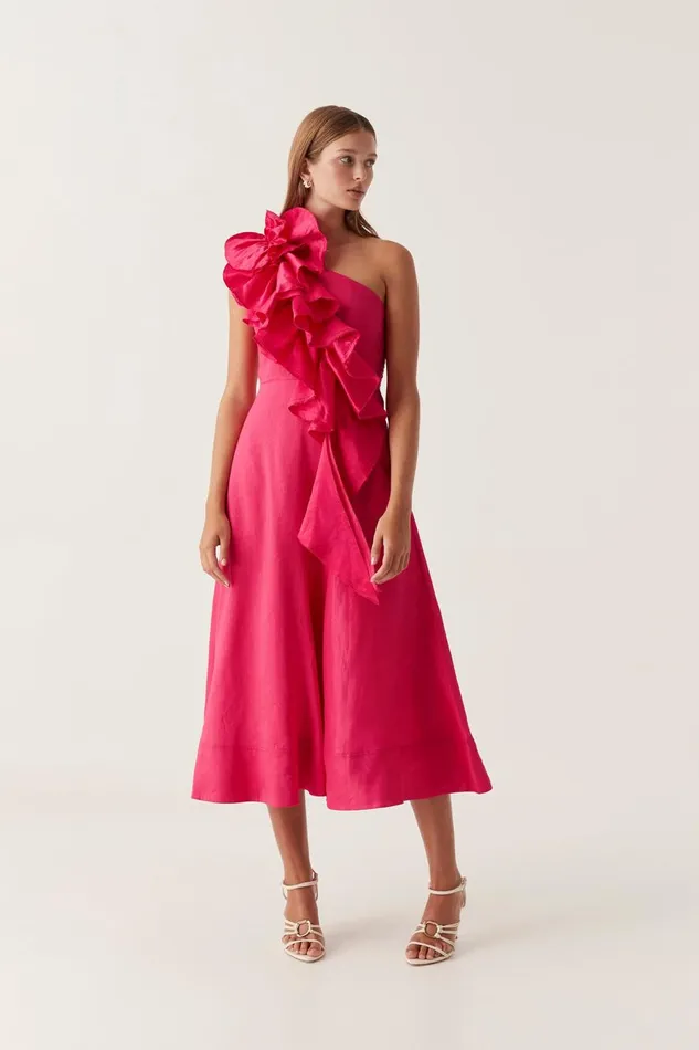 Aje Dresses Adelia Ruffle Midi Dress Bougainvillea Red 8211 Women