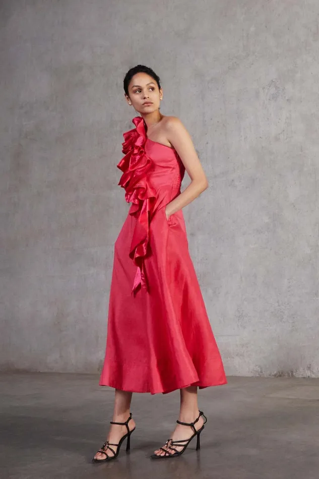 Aje Dresses Adelia Ruffle Midi Dress Bougainvillea Red 8211 Women Aje Dresses Adelia Ruffle Midi Dress Bougainvillea Red 8211 Women