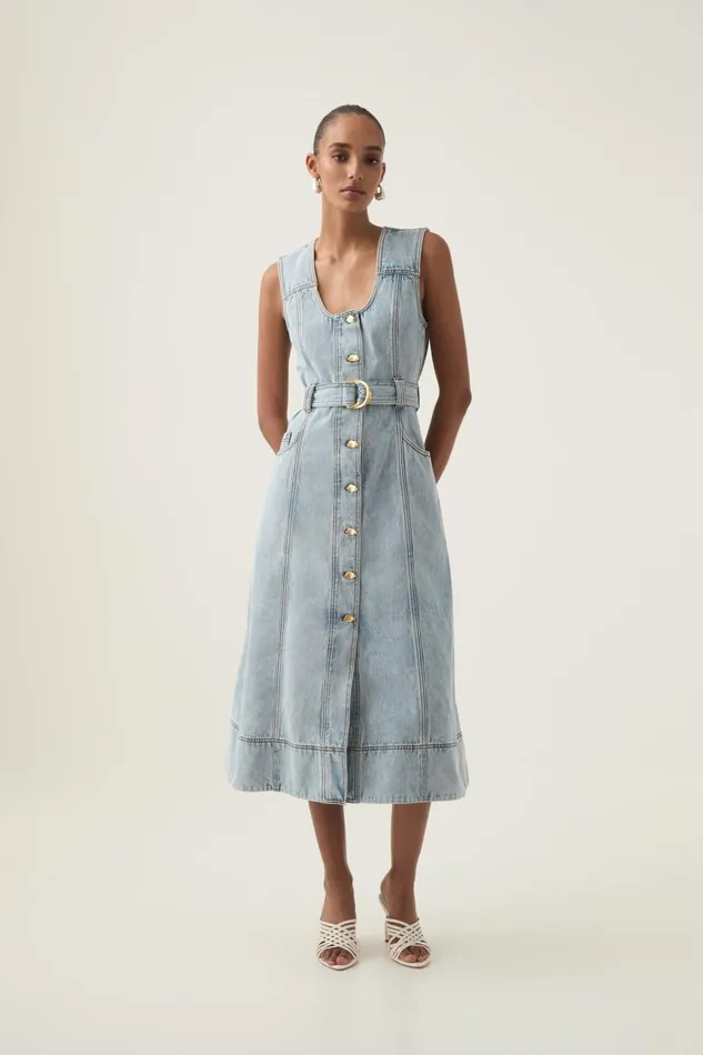 Aje Dresses Aura Denim Midi Dress Sea Spray Wash 8211 Women
