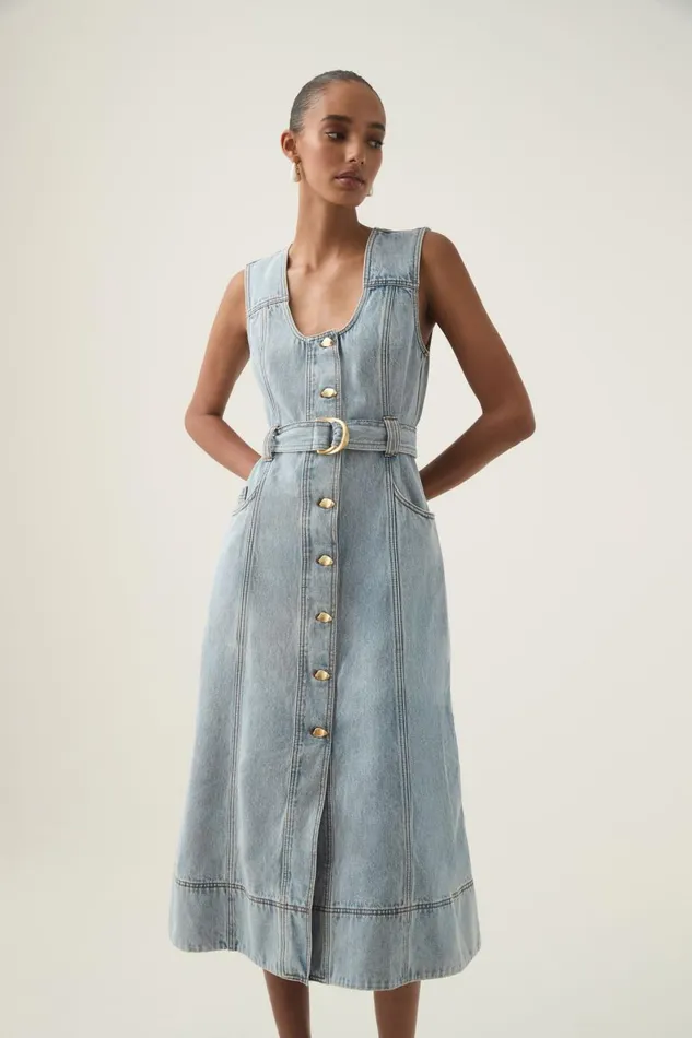Aje Dresses Aura Denim Midi Dress Sea Spray Wash 8211 Women Aje Dresses Aura Denim Midi Dress Sea Spray Wash 8211 Women