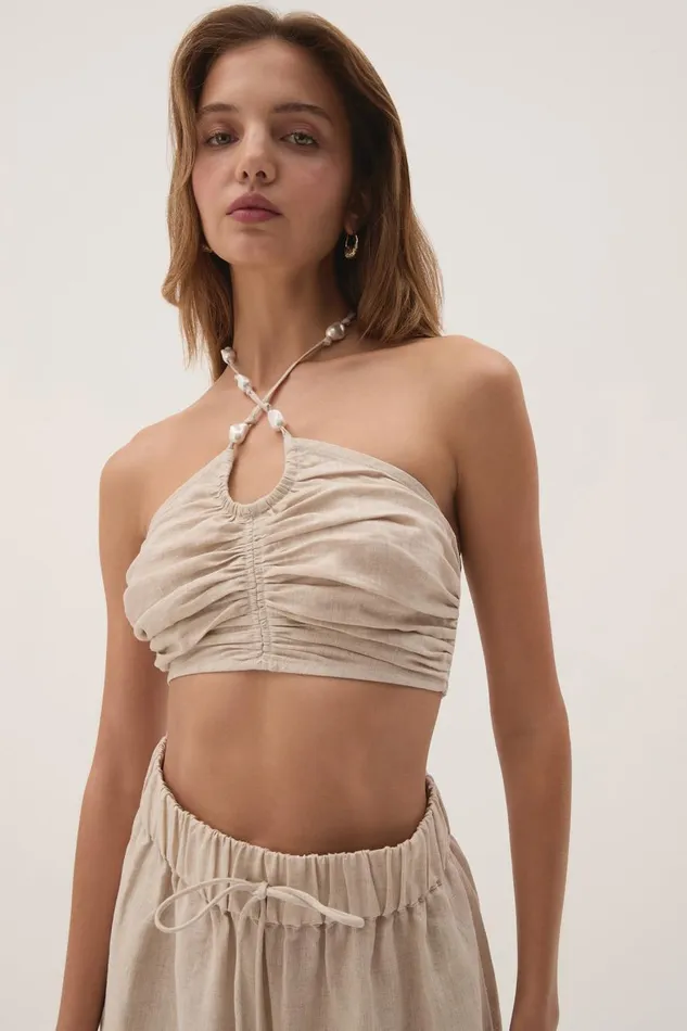 Aje Tops Akoya Ruched Tie Top Oatmeal 8211 Women