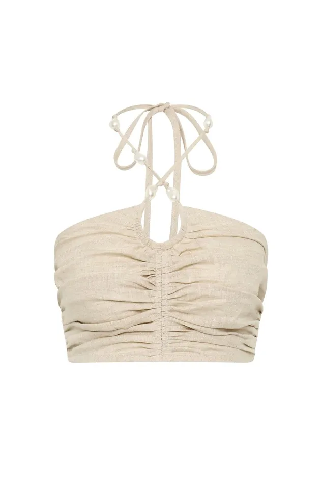Aje Tops Akoya Ruched Tie Top Oatmeal 8211 Women Aje Tops Akoya Ruched Tie Top Oatmeal 8211 Women