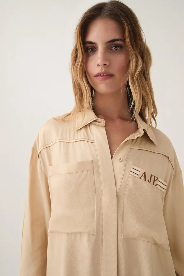 Aje Tops Enfilade Logo Shirt Ecru Beige 8211 Women Aje Tops Enfilade Logo Shirt Ecru Beige 8211 Women