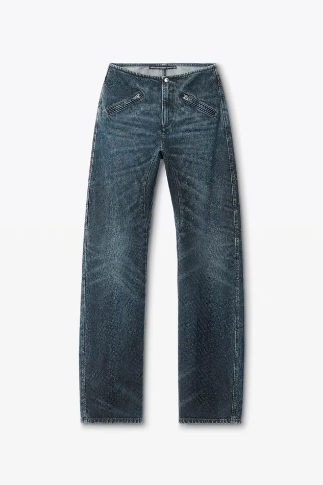 Alexander Wang Denim Women Clear Crystal Hotfix Moto Pant In Cotton Denim
