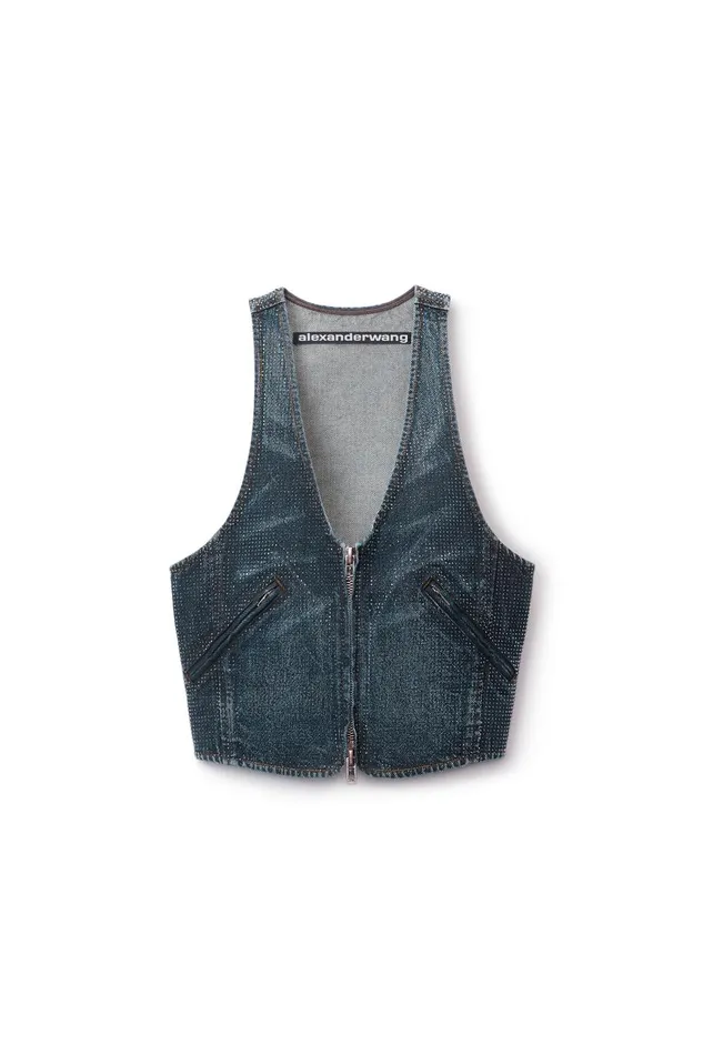 Alexander Wang Denim Women Clear Crystal Hotfix Vest In Cotton Denim