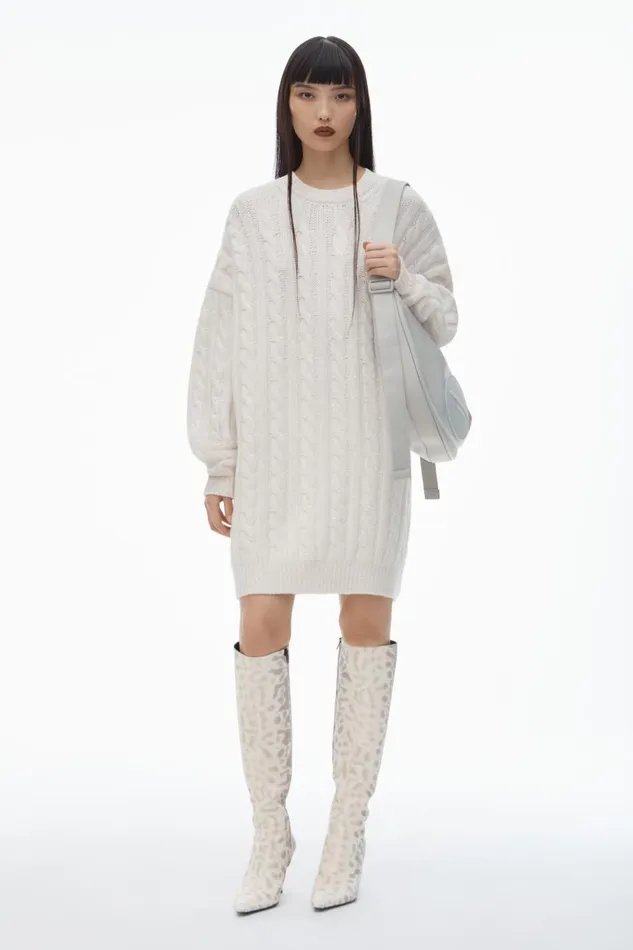 Alexander Wang Dresses Women Clear Bead Hotfix CableKnit Pullover Dress In Boiled Wool