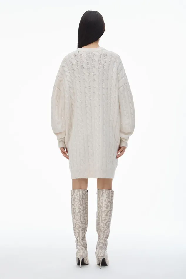 Alexander Wang Dresses Women Clear Bead Hotfix CableKnit Pullover Dress In Boiled Wool