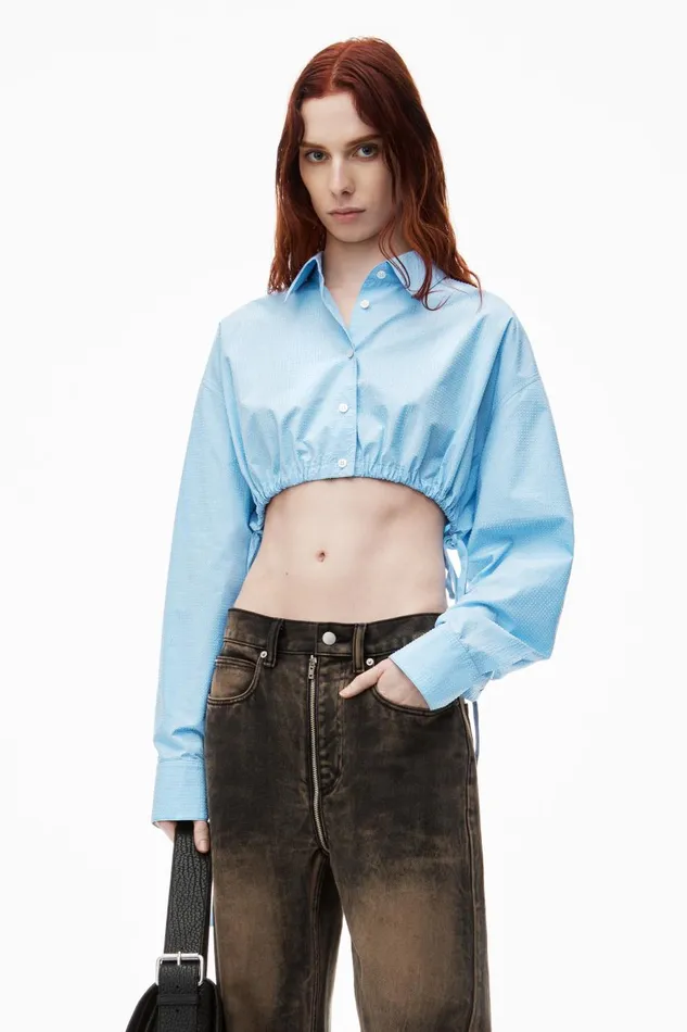 Alexander Wang Tops and Shirts Women Cropped Drawstring Blouse In Cotton and Crystal Hotfix Poplin