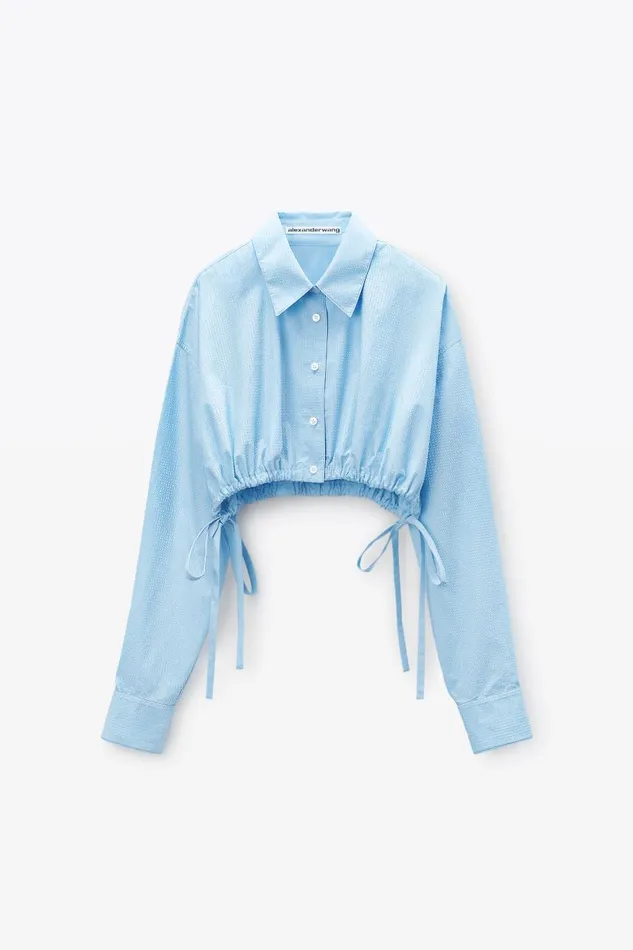 Alexander Wang Tops and Shirts Women Cropped Drawstring Blouse In Cotton and Crystal Hotfix Poplin