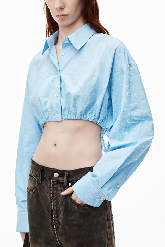 Alexander Wang Tops and Shirts Women Cropped Drawstring Blouse In Cotton and Crystal Hotfix Poplin