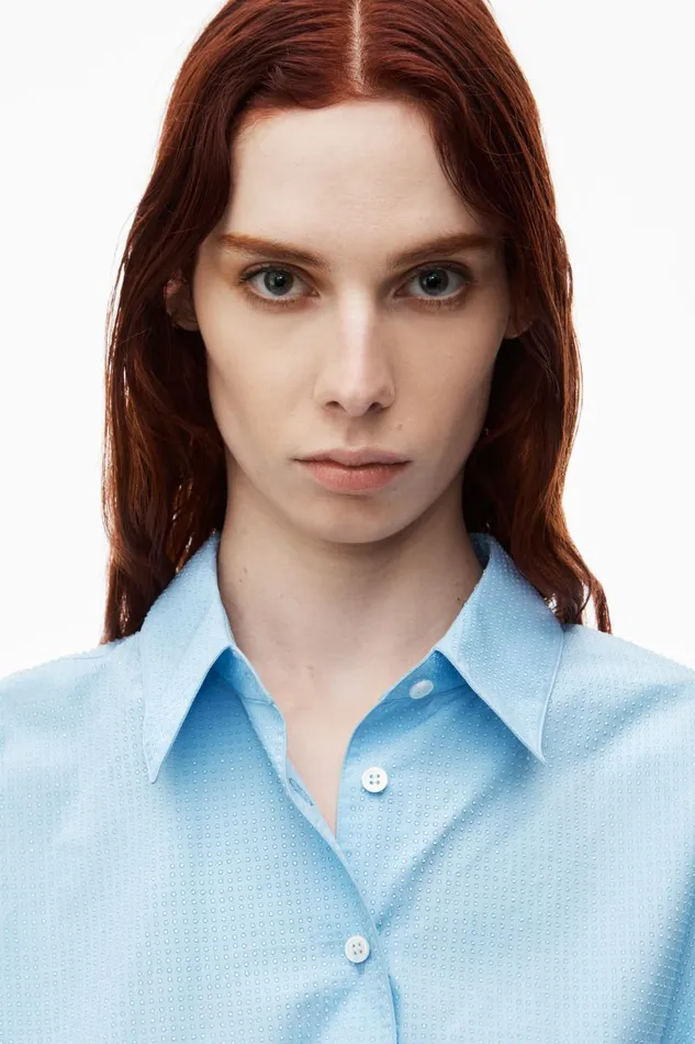 Alexander Wang Tops and Shirts Women Cropped Drawstring Blouse In Cotton and Crystal Hotfix Poplin