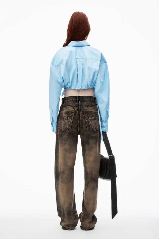 Alexander Wang Tops and Shirts Women Cropped Drawstring Blouse In Cotton and Crystal Hotfix Poplin