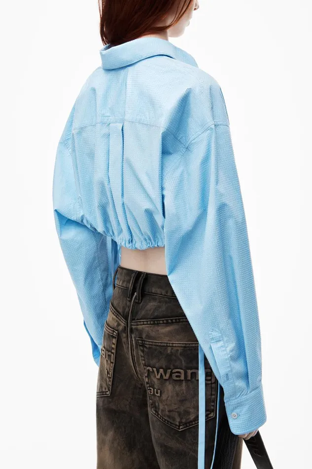 Alexander Wang Tops and Shirts Women Cropped Drawstring Blouse In Cotton and Crystal Hotfix Poplin