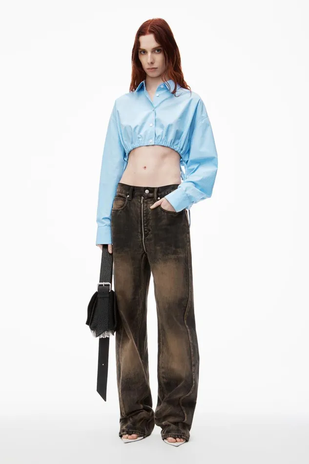 Alexander Wang Tops and Shirts Women Cropped Drawstring Blouse In Cotton and Crystal Hotfix Poplin
