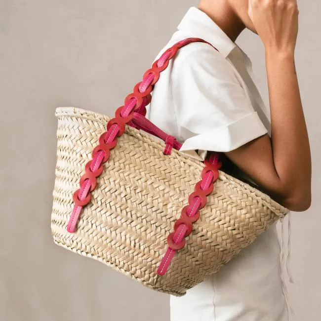 ALOHAS Bags Palmette 8211 Red And Pink Leather Straw Bag 8211 Women