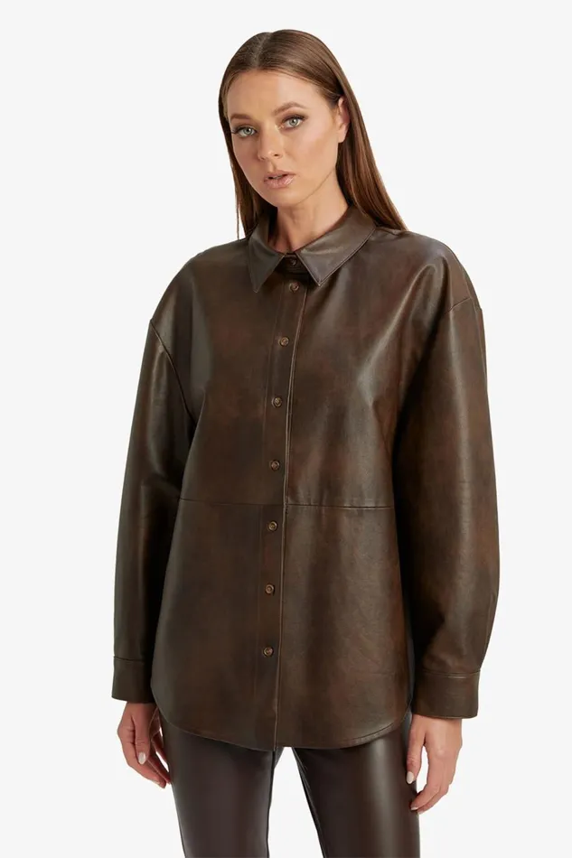 Bardot Shirts and Blouses Jaedon Vegan Leather Shirt In Dark Chocolate 8211 Women Bardot Shirts and Blouses Jaedon Vegan Leather Shirt In Dark Chocolate 8211 Women