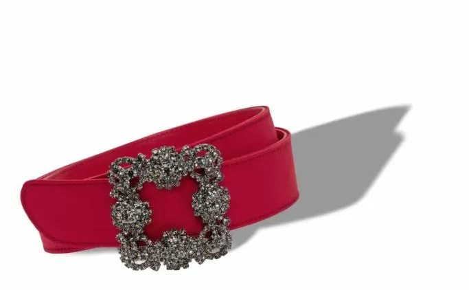 Belts Women Manolo Blahnik HANGISI BELTRed Satin Crystal Buckled Belt