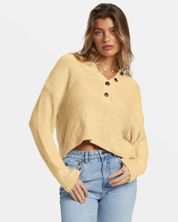 Billabong Sweatshirts and Fleece Shallow Waters Henley Sweater Retro Yellow 8211 Women Billabong Sweatshirts and Fleece Shallow Waters Henley Sweater Retro Yellow 8211 Women