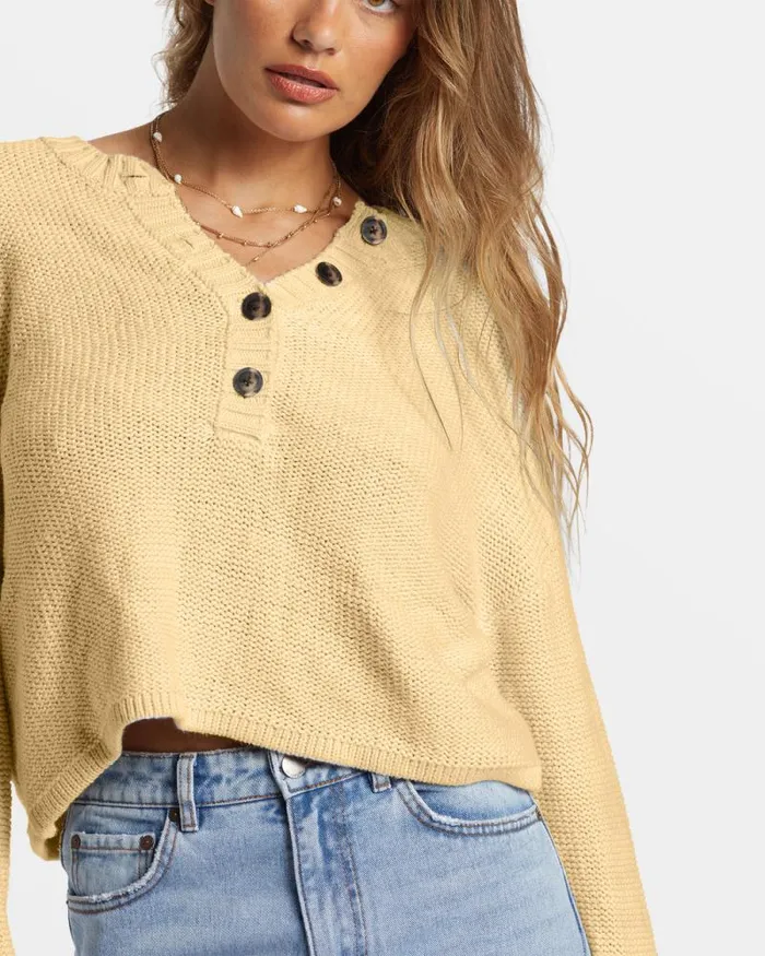 Billabong Sweatshirts and Fleece Shallow Waters Henley Sweater Retro Yellow 8211 Women Billabong Sweatshirts and Fleece Shallow Waters Henley Sweater Retro Yellow 8211 Women