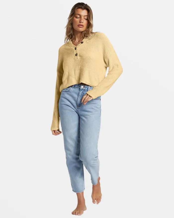 Billabong Sweatshirts and Fleece Shallow Waters Henley Sweater Retro Yellow 8211 Women Billabong Sweatshirts and Fleece Shallow Waters Henley Sweater Retro Yellow 8211 Women