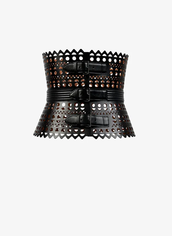 Black Corset Belt In Vienne Wave Lux Calfskin Women Alaa Corset Belts
