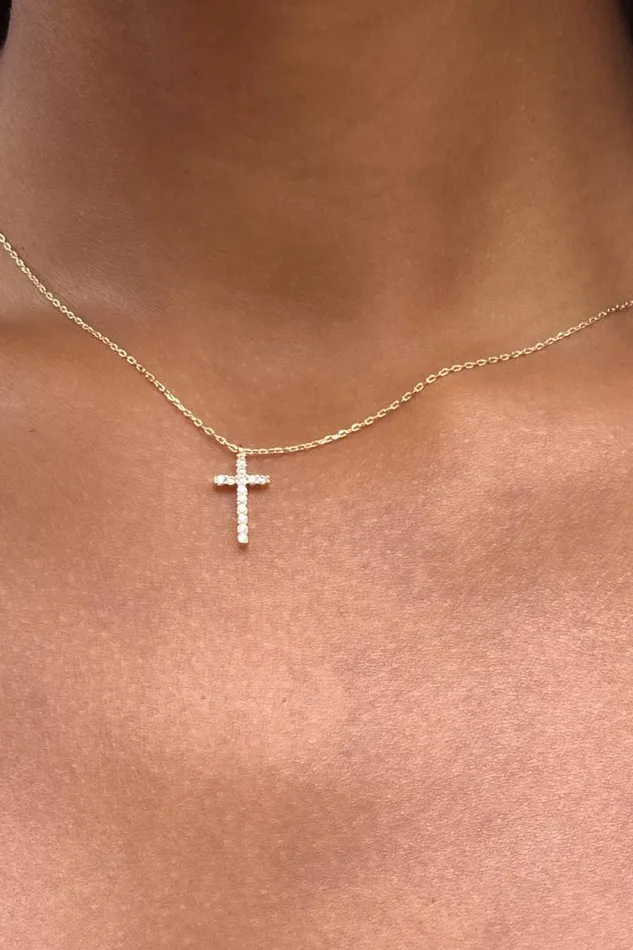 Brandy Melville Jewelry Rhinestone Cross Necklace Gold 8211 Women