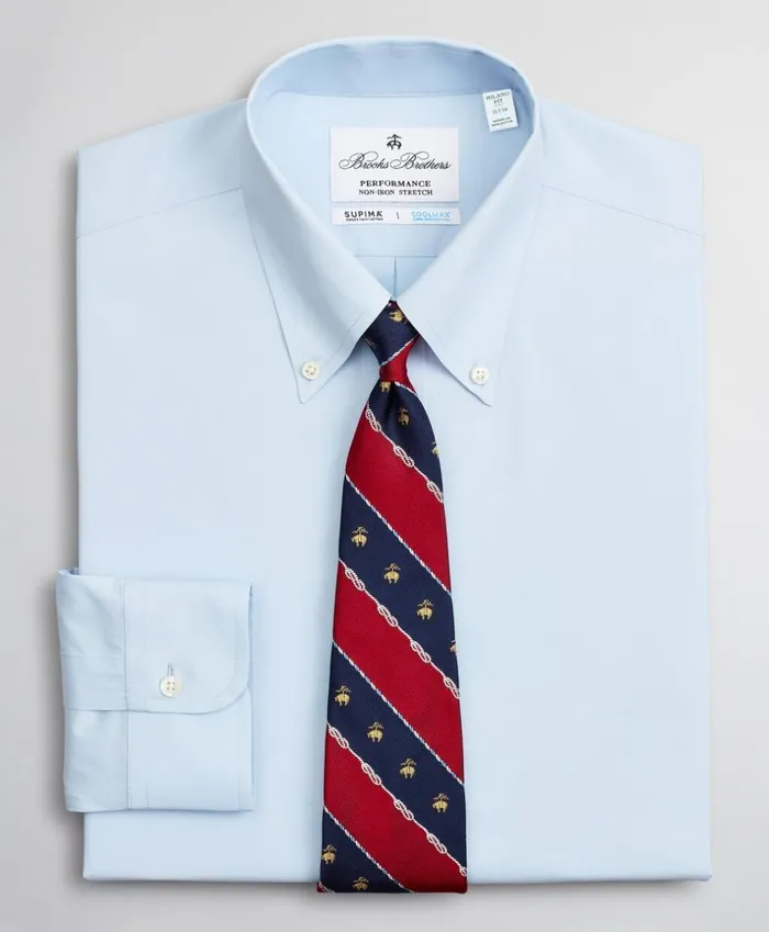 Brooks Brothers Dress Shirts Milano Slim Fit Dress Shirt Performance NonIron With COOLMAX ButtonDown Collar Twill Light Blue 8211 Men