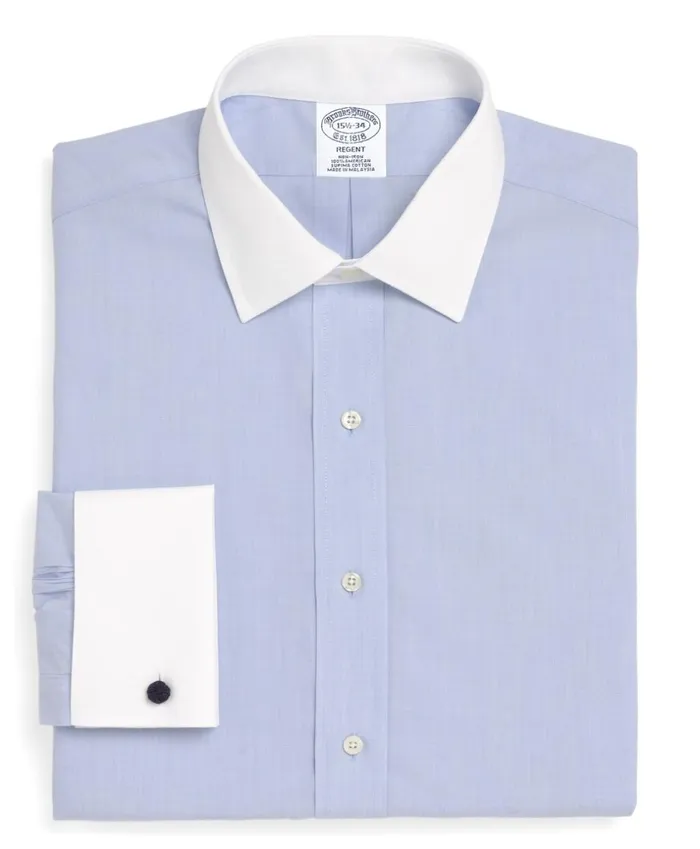 Brooks Brothers Dress Shirts Regent Fitted Dress Shirt NonIron Contrast Ainsley Collar French Cuff Light Blue 8211 Men