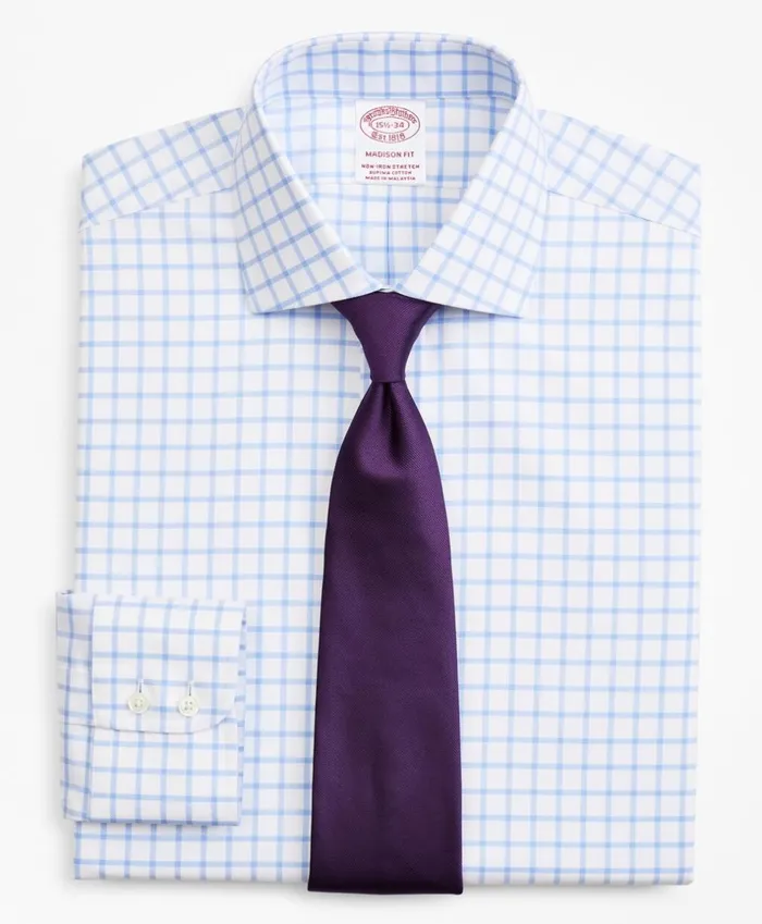 Brooks Brothers Dress Shirts Stretch Madison ClassicFit Dress Shirt NonIron Twill English Collar Grid Check Light Blue 8211 Men