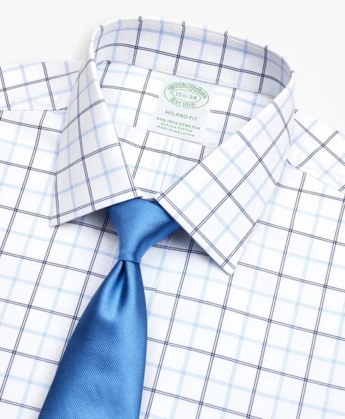 Brooks Brothers Dress Shirts Stretch Milano SlimFit Dress Shirt NonIron Poplin Ainsley Collar DoubleGrid Check Blue 8211 Men