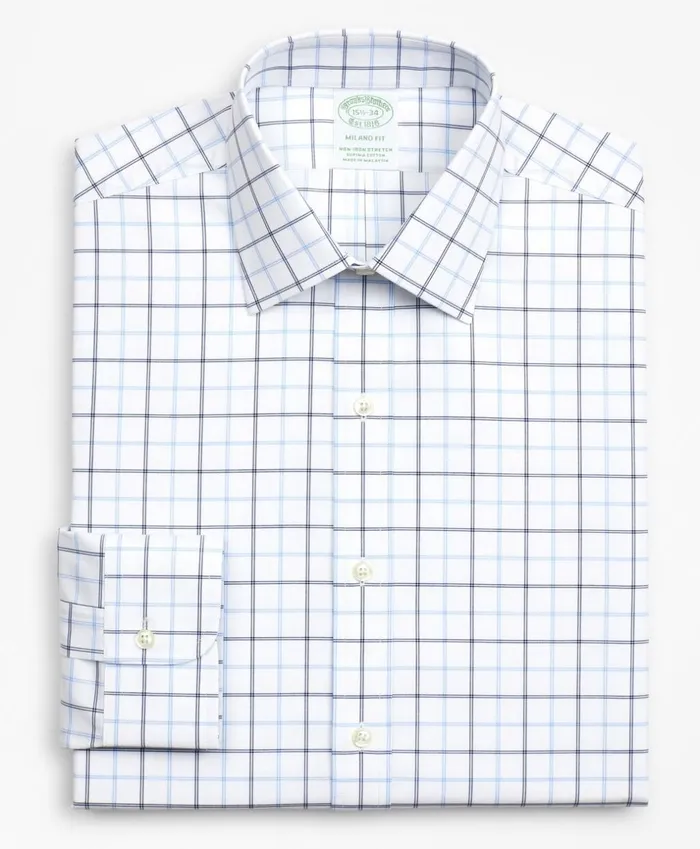 Brooks Brothers Dress Shirts Stretch Milano SlimFit Dress Shirt NonIron Poplin Ainsley Collar DoubleGrid Check Blue 8211 Men