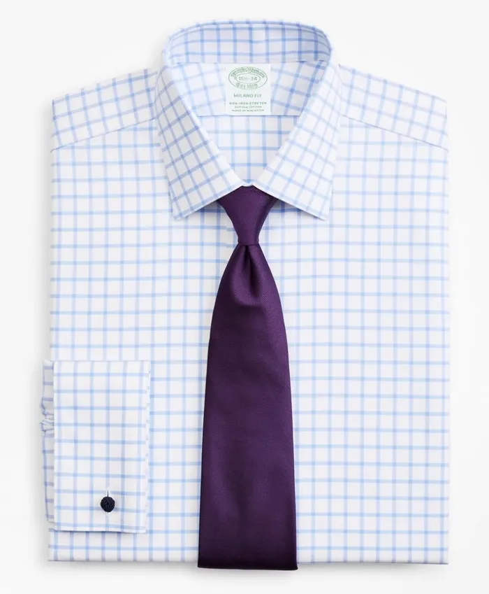 Brooks Brothers Dress Shirts Stretch Milano SlimFit Dress Shirt NonIron Twill Ainsley Collar French Cuff Grid Check Light Blue 8211 Men Brooks Brothers Dress Shirts Stretch Milano SlimFit Dress Shirt NonIron Twill Ainsley Collar French Cuff Grid Check Light Blue 8211 Men