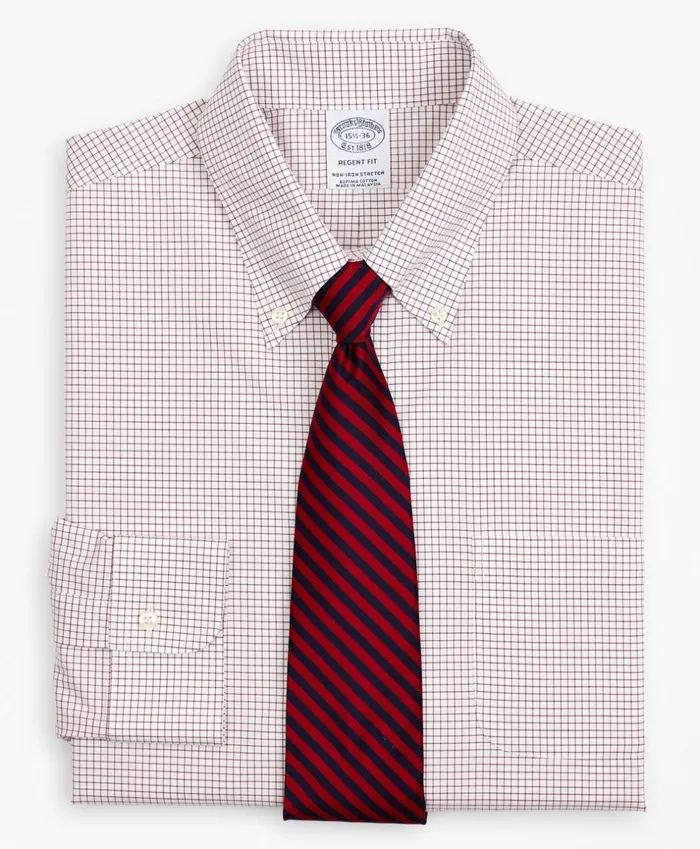 Brooks Brothers Dress Shirts Stretch Regent Fitted Dress Shirt NonIron Poplin ButtonDown Collar Small Grid Check Red 8211 Men