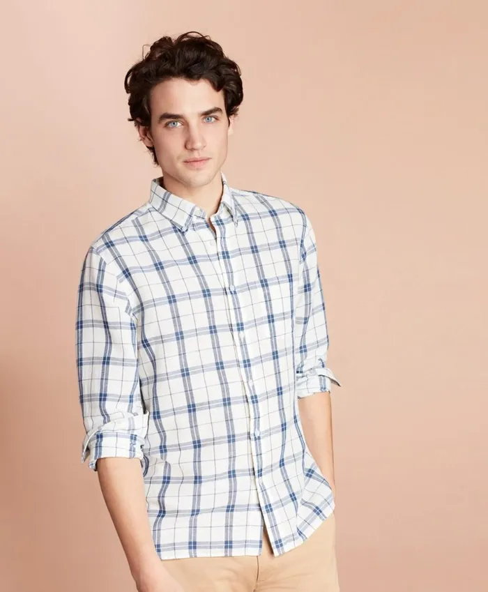 Brooks Brothers Sport Shirts Plaid LinenBlend Sport Shirt Whiteblue 8211 Men