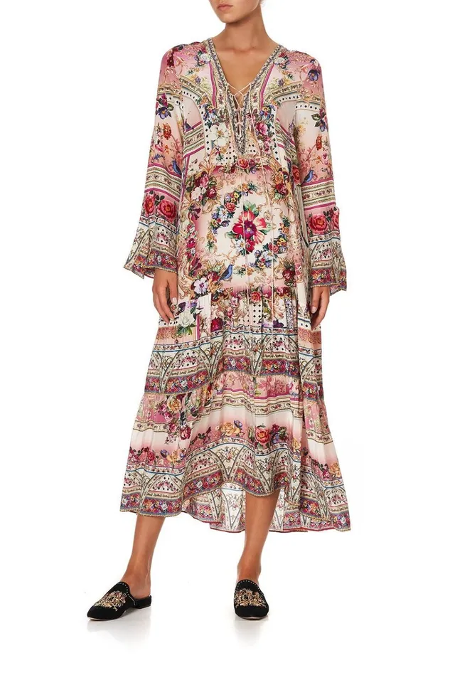 Camilla Modest Clothing Women Lace Up Dress With Tiered Hem Summoned By A Rose Camilla Modest Clothing Women Lace Up Dress With Tiered Hem Summoned By A Rose