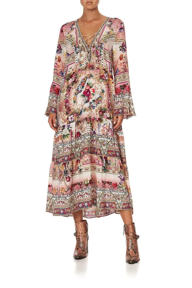 Camilla Modest Clothing Women Lace Up Dress With Tiered Hem Summoned By A Rose